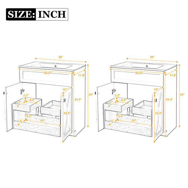 English Elm 60'' Bathroom Vanity Set With Glossy Ceramic Sink, Modern Cabinet, Gold Handles & Soft-Close Doors N710SS00005K