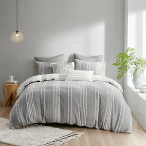 English Elm Full/Queen Kara Cotton Jacquard Duvet Cover Set – OEKO-TEX, button closure, ties, global striped & diamond design Gray 11.81 L x 9.84 W x 5.51 H B03596507