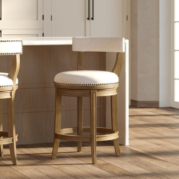 English Elm 26" Counter Height Swivel Barstool Woven Linen Seat Nailhead Trim Solid Wood Frame Pecan B2751P436452