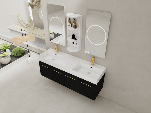 English Elm 60 Inch Wall-Mounted Bathroom Vanity With Double Resin Sink & Stylish Storage Rack, Easy Assembly W999S00372