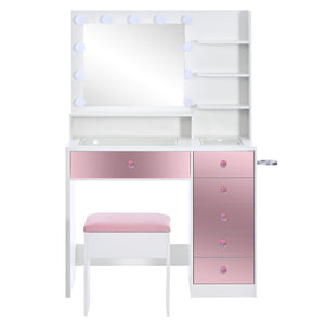 English Elm Vanity Desk with Hollywood Bulbs Glass Top Pink Glam Drawers and Cushioned Stool N704P340246K