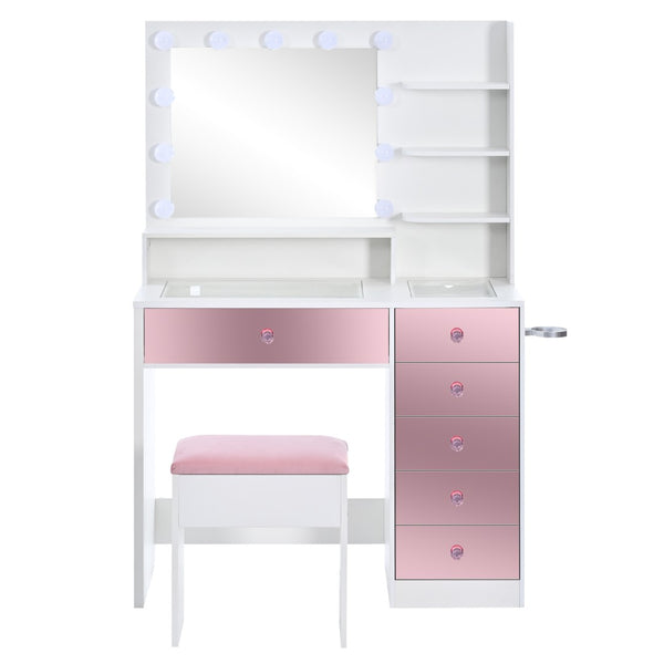 English Elm Vanity Desk with Hollywood Bulbs Glass Top Pink Glam Drawers and Cushioned Stool N704P340246K