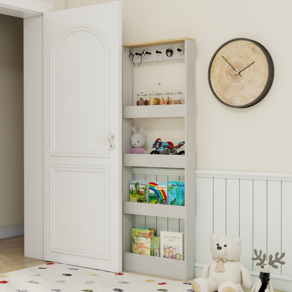 English Elm 72" Slim Six-tier Freestanding Cabinet Antique White Finish for Bathroom or Hallway W282P412292
