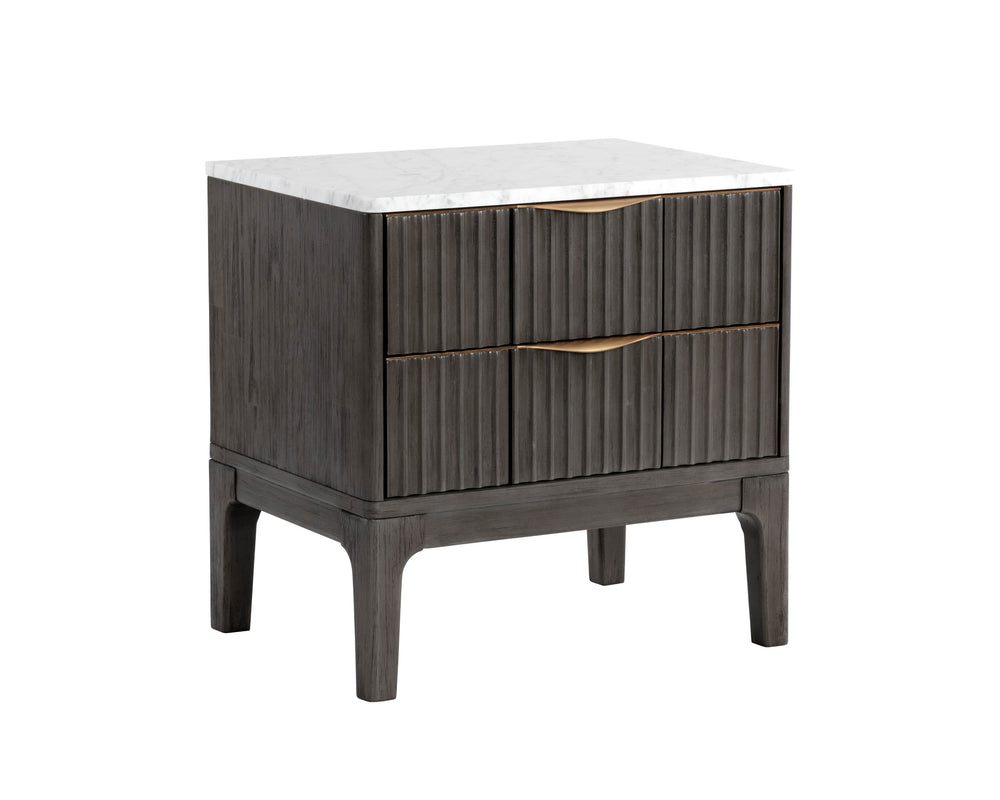 Sunpan Keldon Modern Nightstand: Sleek Acacia Wood with White Marble Top, Two Soft-Closing Drawers, Unique Design