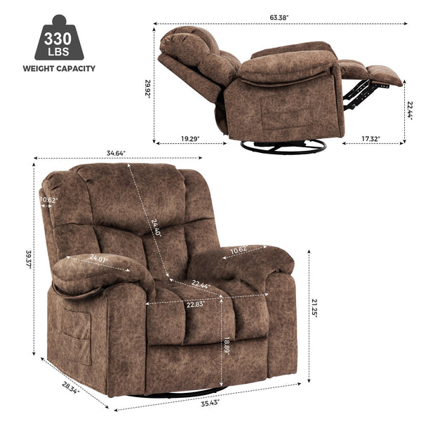 English Elm Swivel Recliner Chair with 8-Point Massage, Lumbar Heat, 360° Swivel, Rocking, USB & Cup Holders Brown W1403P172917
