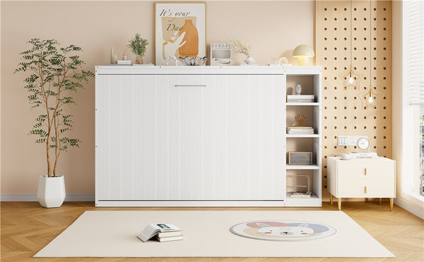 English Elm Full Full Size Murphy Bed with Bookshelf and Fold-Down Work Surface, Space-Saving LVL/MDF Design White GX002220AAK