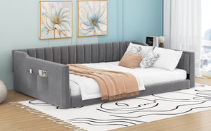 English Elm Full XL Upholstered Daybed with Velvet Channel Tufting, Tapered Dowel Legs & Side Storage Pocket Gray DL002211AAE