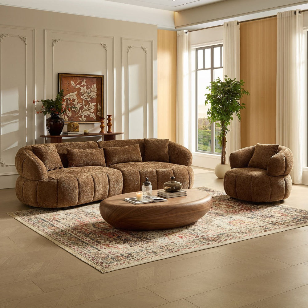 English Elm 102.36 Inch Curved Boucle Sectional Sofa Four Seat Mid Century Modern Living Room Brown W2582S00205