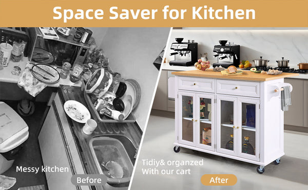 English Elm White Kitchen Island Cart with Wood Top, Drop-Leaf, Locking Wheels, 2 Drawers & Cabinet Storage W2565P359239