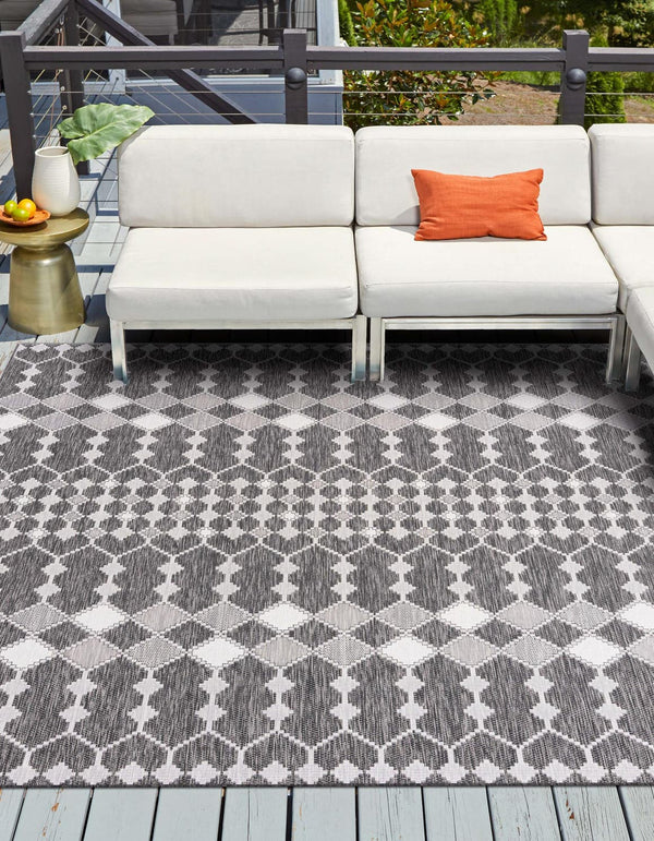 Unique Loom Outdoor Trellis Traliccio Machine Made Trellis Rug Charcoal, Ivory/Gray 10' 0" x 10' 0"