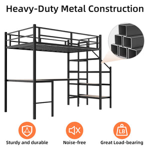English Elm Loft Bed with L-shaped Desk Stair Storage and Full Guardrail Iron Frame Black W1935S00007