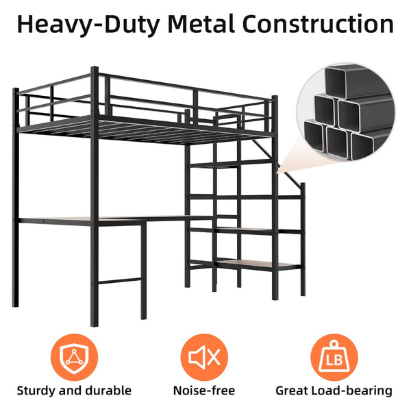 English Elm Loft Bed with L-shaped Desk Stair Storage and Full Guardrail Iron Frame Black W1935S00007