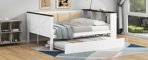 English Elm Twin Pine Wood Daybed with Trundle Upholstered Backrest Storage Shelf and Usb Port N7090002233K