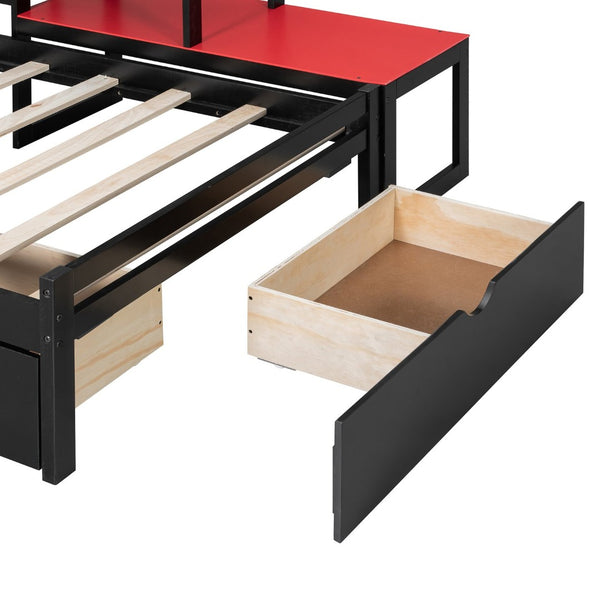 English Elm Twin Gaming Daybed with Led Strips Desk Pegboard Bookcase and Three Storage Drawers Black+Red N820S00083J