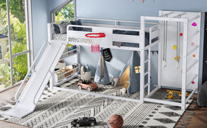 English Elm Twin Metal Loft Bed with Slide Basketball Hoop Climbing Wall and Built-in Shelves White W1580S00633