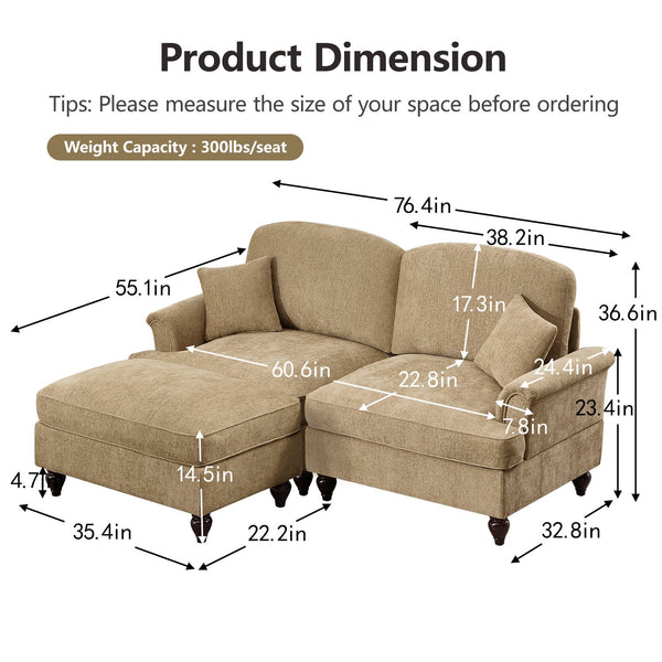 English Elm Elegant Mid Century Modular L-Shaped Sofa With Flared Arms, Movable Ottoman & Ruffle Skirts W3041S00345