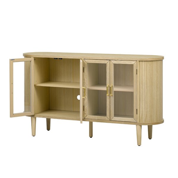 English Elm TREXM Modern Farmhouse Sideboard Cabinet with Fluted Panels, Tempered Glass Doors & Adjustable Shelves Natural N715P264923D