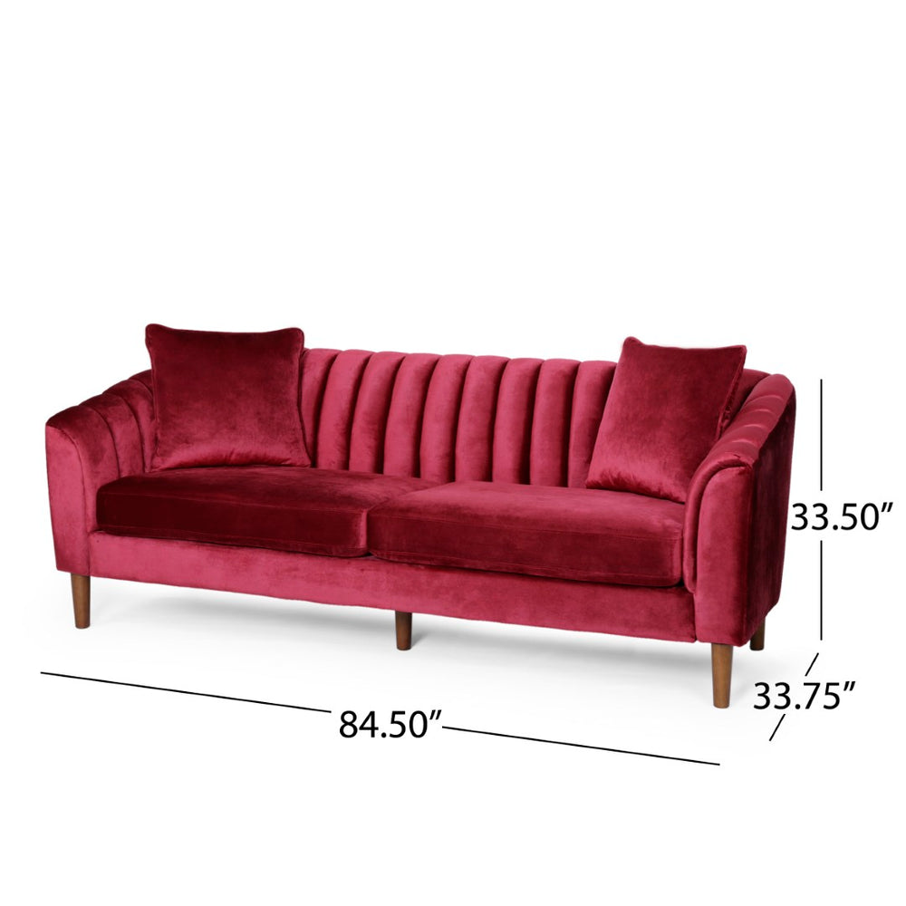 English Elm 3-seater Velvet Sofa with Button Tufting Shell Arms and Tapered Legs for Living Room Wine Red 66957.00ANVLTWINE_66957.00BNVLTWINE