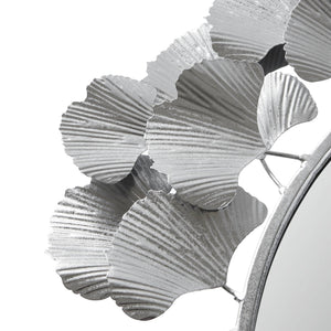 English Elm 30.5"Eden Gingko Leaf Round Wall Mirror with Decorative Iron Frame and Center Mirror Accent Silver 32.28 L x 32.09 W x 2.56 H B035P366553