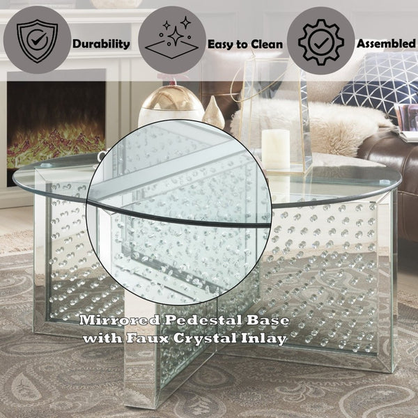 English Elm Nysa Glam Mirrored Coffee Table with Faux Crystal X Base and Tempered Glass Top B2726P453252