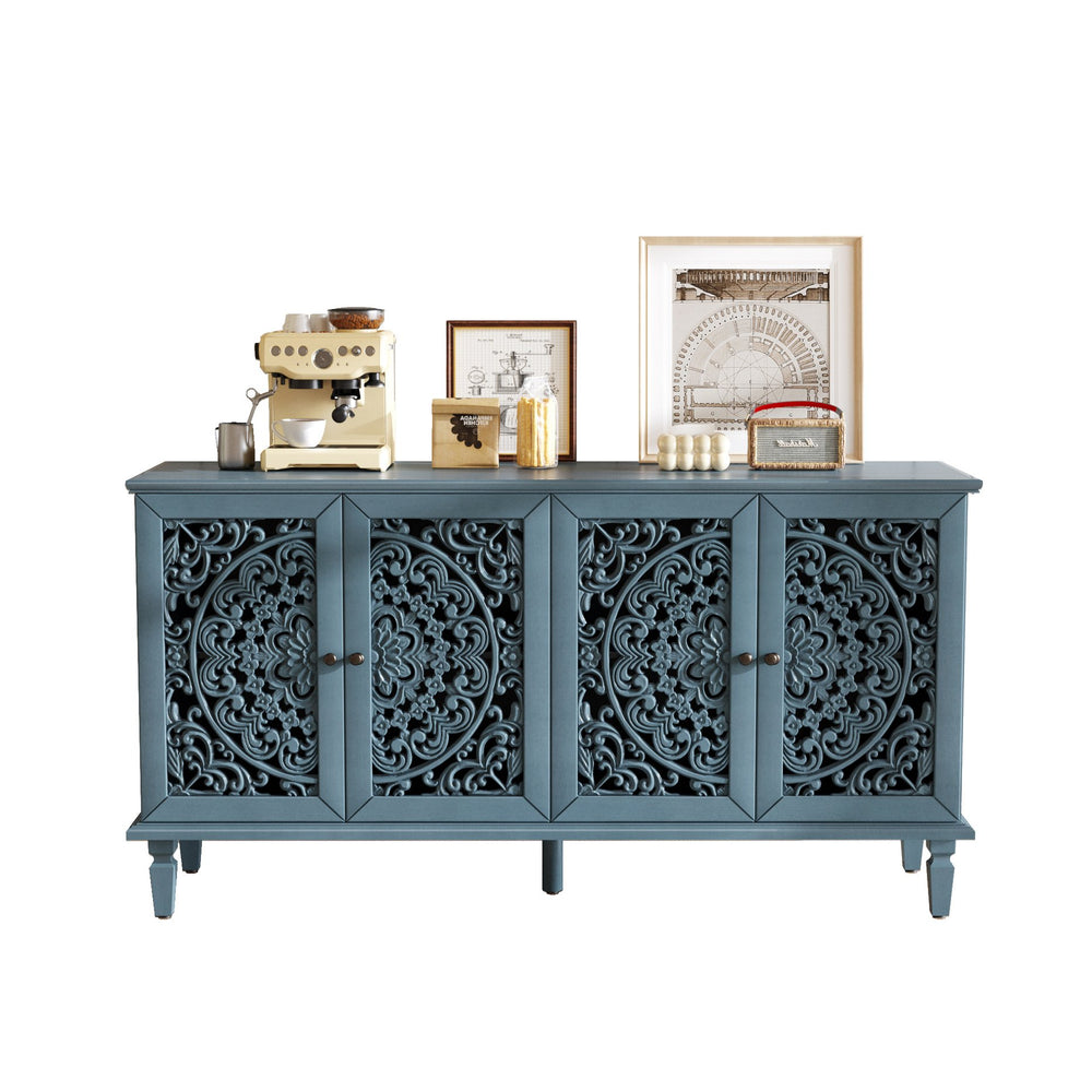 English Elm 60" Hand-Carved Floral Buffet Cabinet with Solid Wood Legs, Brass Handles, Adjustable Shelves, TV Stand Antique Blue W1445P321198