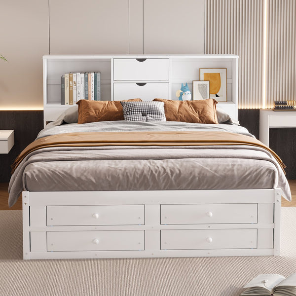 English Elm King Solid Wood Platform Bed with 8 Drawers and Storage Headboard, Durable MDF Frame, 500lb Capacity White GX000454AAK