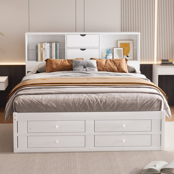 English Elm King Platform Bed with 8 Drawers Open Headboard Compartments and Pine Wood Frame White GX000454AAK-1