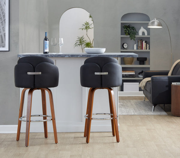 English Elm Fixed-height Mid-century Barstools with Walnut Legs and Grey Upholstered Seats Set Black B202S01901