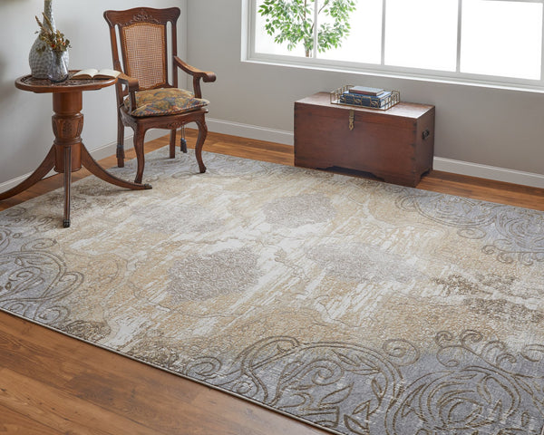 Feizy Rugs Celene Vintage-inspired Medallion Scroll Rug In Warm Neutral Palette - Timeless Elegance For Your Home Silver,Tan,Gray Viscose,Polyester Cel39l1fbgegryh00