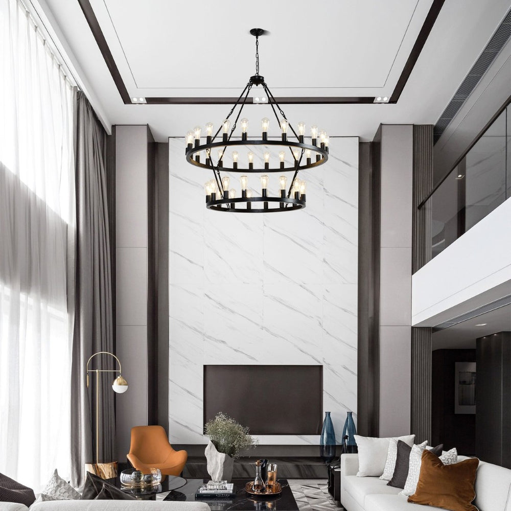 English Elm 47.24 Inch Matte Black Wagon Wheel Chandelier 36 Light Farmhouse Metal Fixture W5008P389243