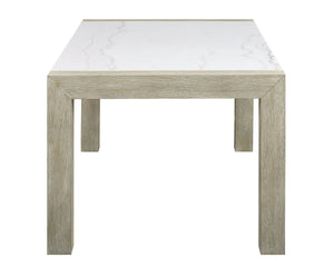 English Elm 5pc White Marble Dining Set with Upholstered Beige Chairs, Nailhead Trim, Rectangular 66" Table B011S01002