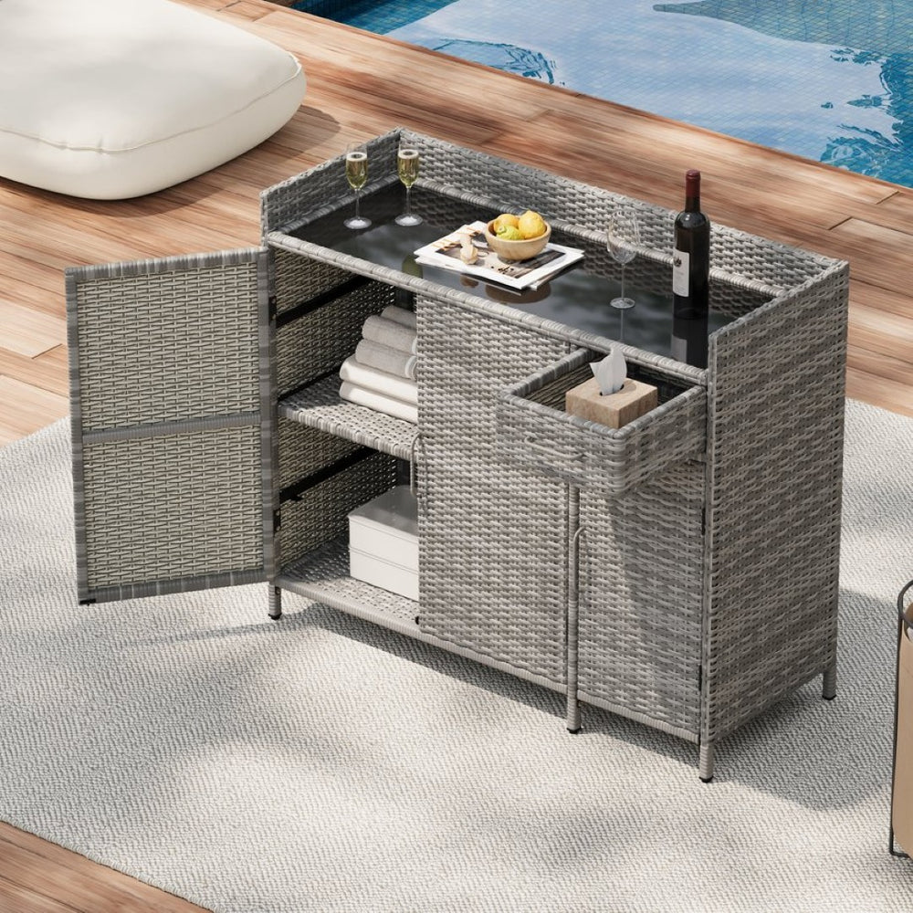 English Elm K&k Outdoor Wicker Bar Cabinet with Tempered Glass Top Adjustable Shelving and Drawer Grey N707P233745G