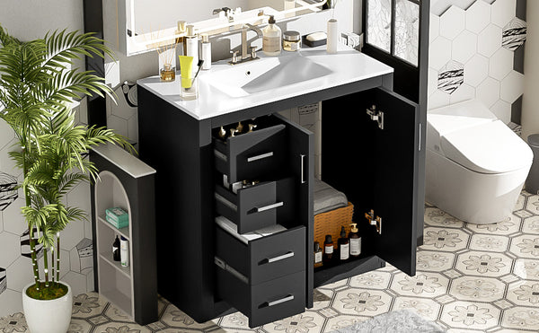 English Elm 36'' Bathroom Vanity with Ceramic Sink Combo, Solid Wood Frame, Soft-Close Drawers and Stylish Retro Groove Design Black N710P291684B