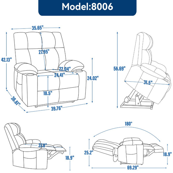 English Elm Dual Motor Power Lift Recliner with Massage Heat and Leatherair Upholstery for Living Room Grey-Blue W3224P294319