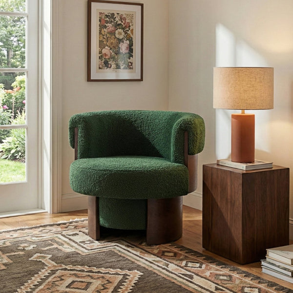 English Elm Modern Sculptural Barrel Swivel Chair Bentwood Frame Polyester Upholstery Accent Seating Green N760P369230C