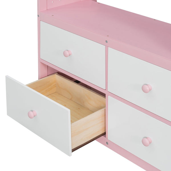 English Elm Twin Bunk Bed with Storage Drawers Hanging Rail Led Shelves and Pegboard Organizer Pink LT000282AAH