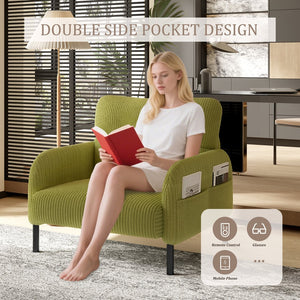 English Elm UNITED Corduroy Accent Chair with Ergonomic Curve, High-Density Foam Seat & Dual Side Pockets for Cozy Living Spaces Olive Green W1568P307261