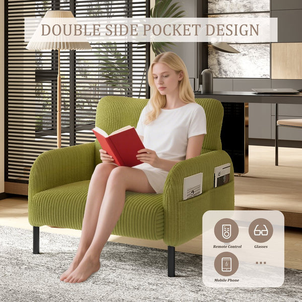 English Elm UNITED Corduroy Accent Chair with Ergonomic Curve, High-Density Foam Seat & Dual Side Pockets for Cozy Living Spaces Olive Green W1568P307261