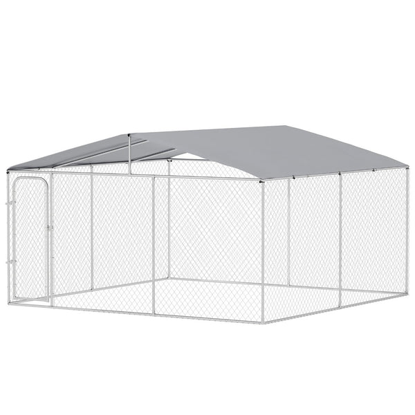 English Elm Steel Galvanized Chain Link Dog Kennel with Oxford Cloth Canopy for Large Breeds T3971S00065