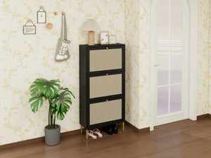 English Elm Rattan 3 Door Shoe Rack with Metal Base and Anti-Slip Feet, Double Shelf Storage for Entryway Black W688P211263
