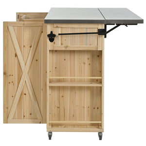 English Elm Outdoor Kitchen Island Solid Fir Wood with Foldable Stainless Top, Ample Storage, Wheels, Opener Natural Wood N719P246553Y