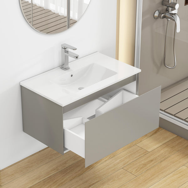 English Elm 32-Inch Wall-Mounted Bathroom Vanity With Soft-Close Drawer, Durable Ceramic Sink, Mocha Gray Finish W3151S00043