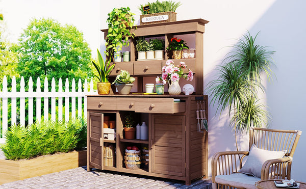 English Elm Topmax 65.7'' H Potting Bench Table With Hutch - Ergonomic Garden Workstation & Storage N717P229024D-GIGA