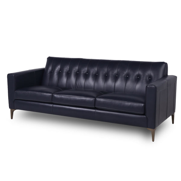 English Elm Mid-Century Tufted Leather Sofa with Brushed Rose Gold Legs, High-Resilience Foam & Durable Coil Support Navy B193P200149