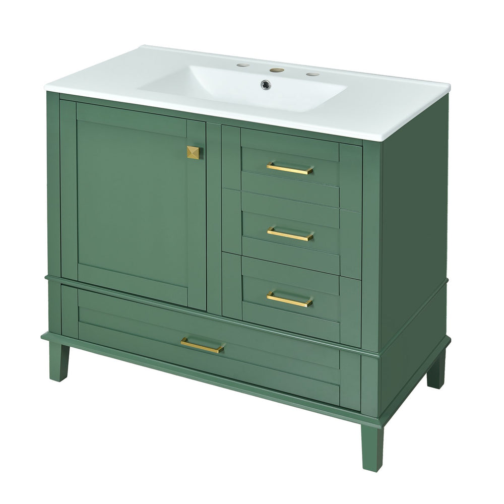 English Elm 36" Green Bathroom Vanity Solid Pine Frame with Soft-Close Door, 3 Varied Drawers & Ceramic Top N729P211167F