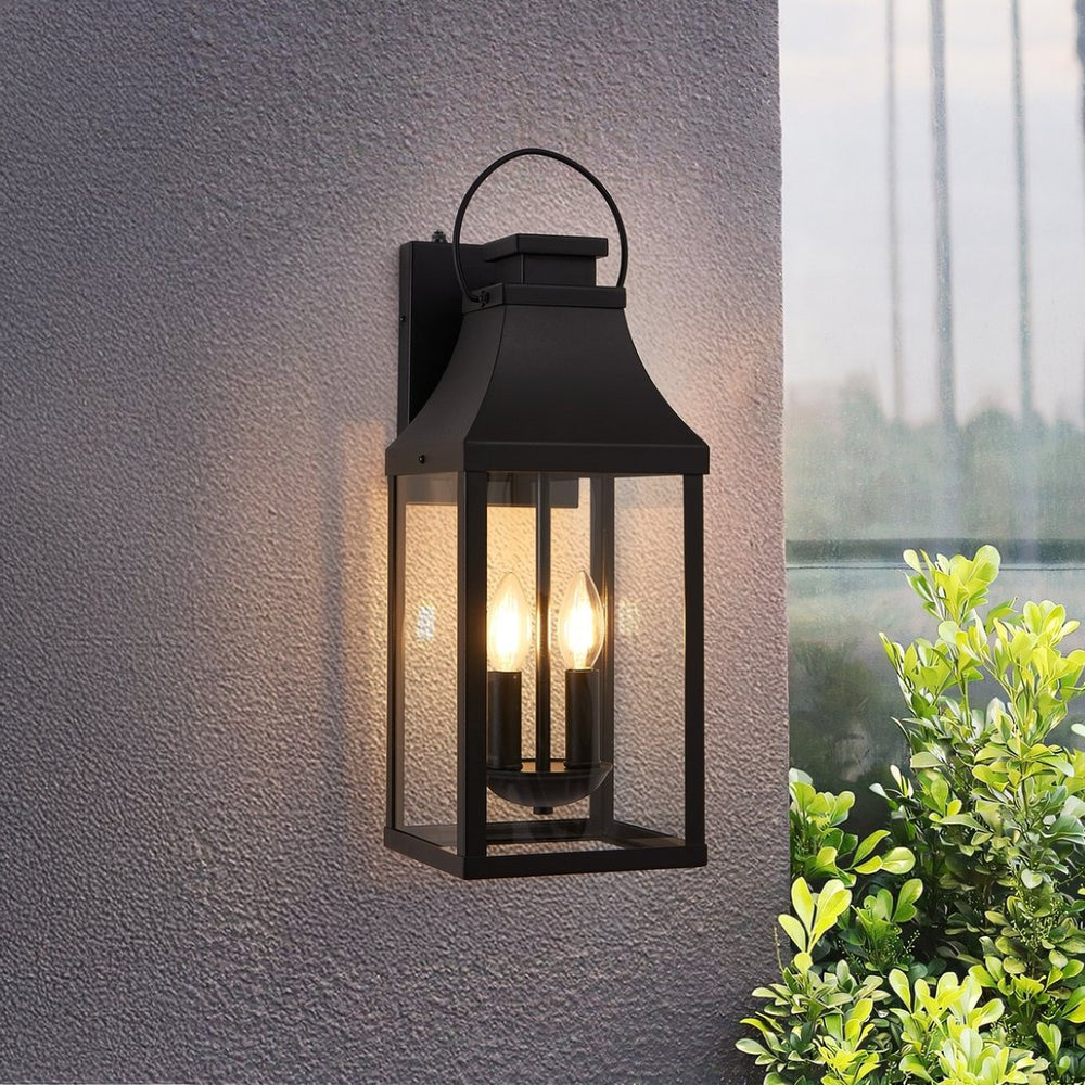 English Elm 20'' Matte Black Dual Light Outdoor Wall Lantern with Dusk to Dawn Sensor Tempered Glass W1340P456210