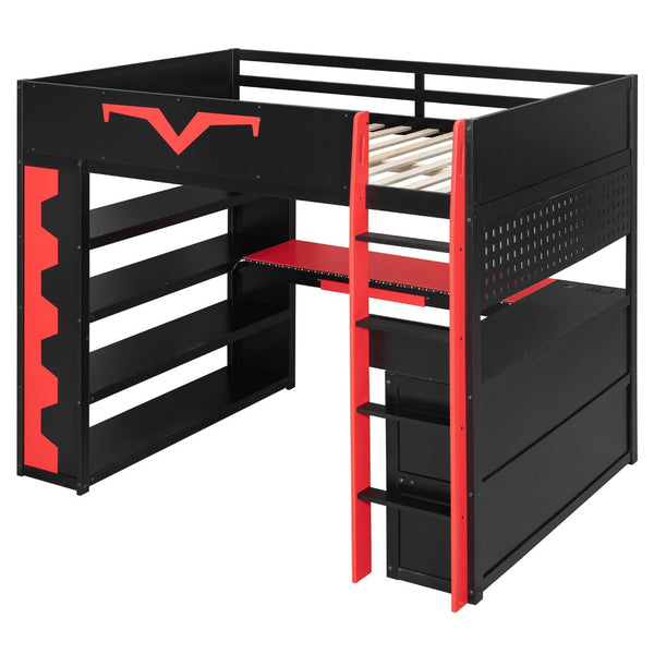 English Elm Full Size Gaming Loft Bed with Desk Rgb Lighting Power Outlet and Storage Drawer Red LT000285AAJ