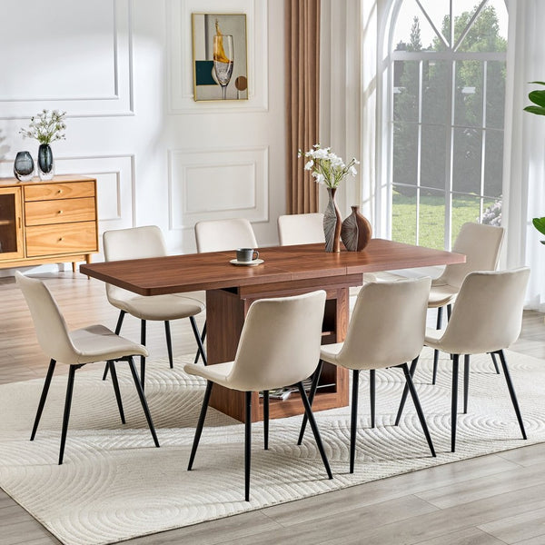 English Elm Scalable Extendable Dining Set with Wood Grain Table and Gray Linen Chairs 8 Piece Walnut+Black,Warm Grey W1151S04719