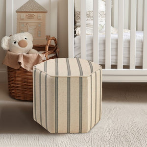 English Elm Ellen Hexagonal Accent Ottoman with Neutral Striped Upholstery, Farmhouse Chic, Solid Frame B03548964
