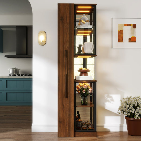 English Elm 70" Modern Glass Door Display Cabinet with LED Adjustable Lighting, 5-Tier Pull-Out Shelves for Versatile Storage and Display W331S00196